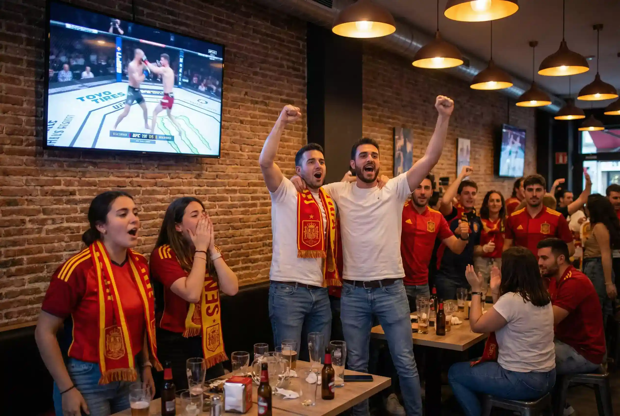 Aficionados españoles viendo una pelea de Ilia Topuria en un evento de UFC con apuestas en directo